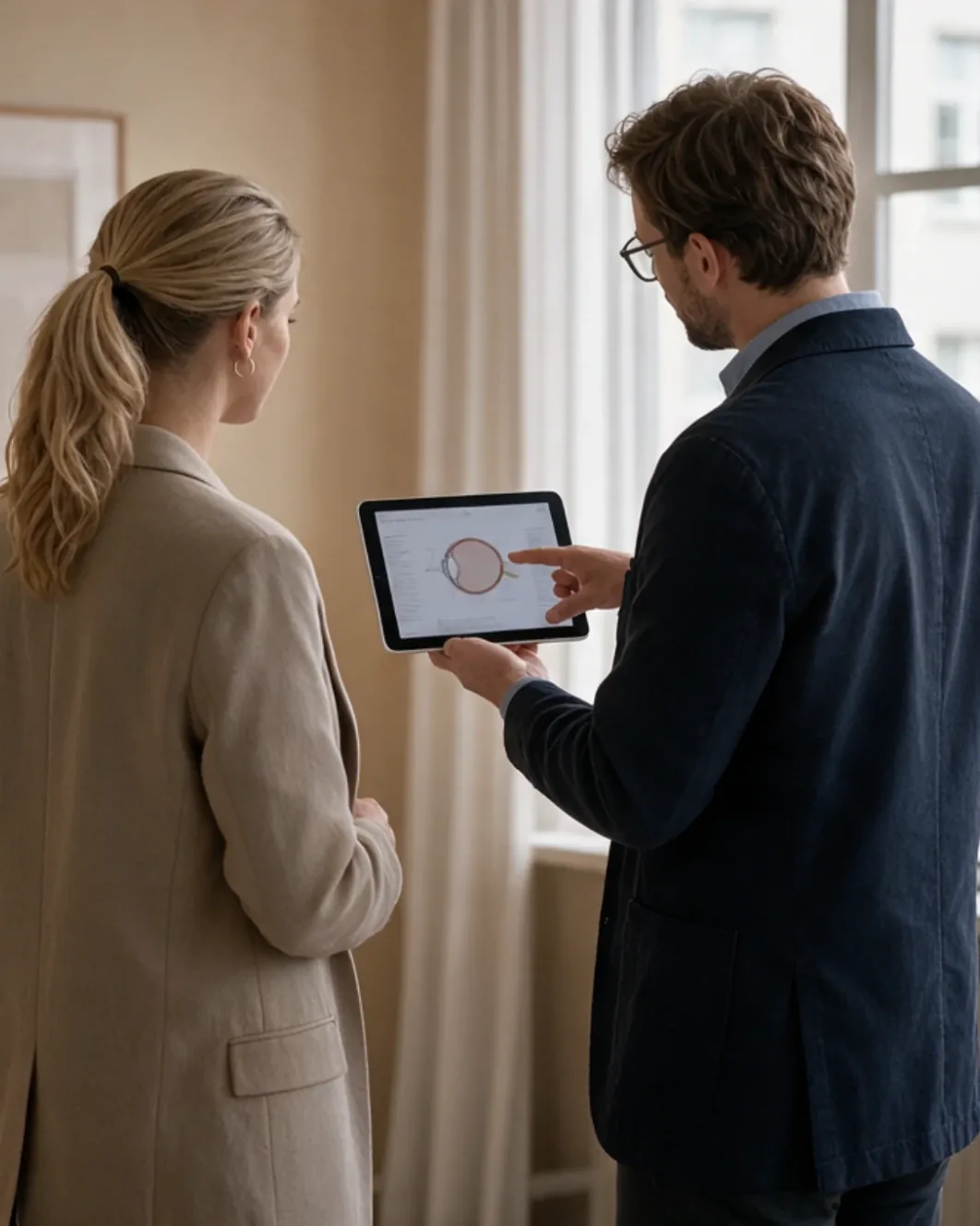 Two colleagues by the window, one showing a fundus image on a tablet