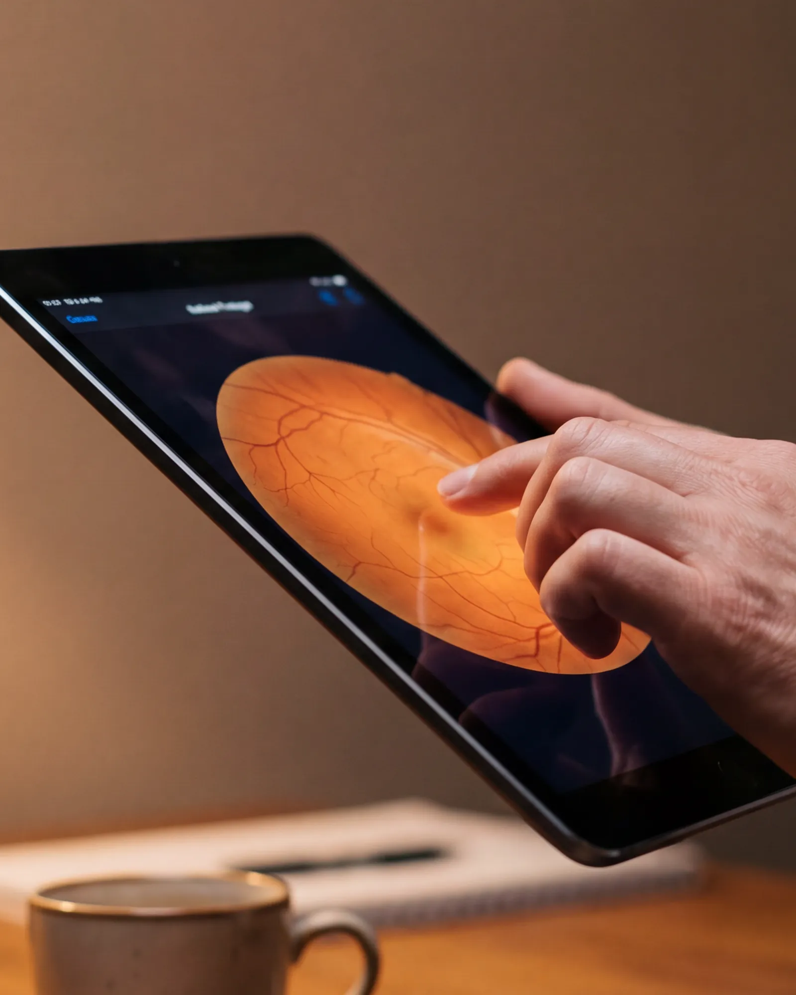 The optician showing the retinal image on a tablet across the desk