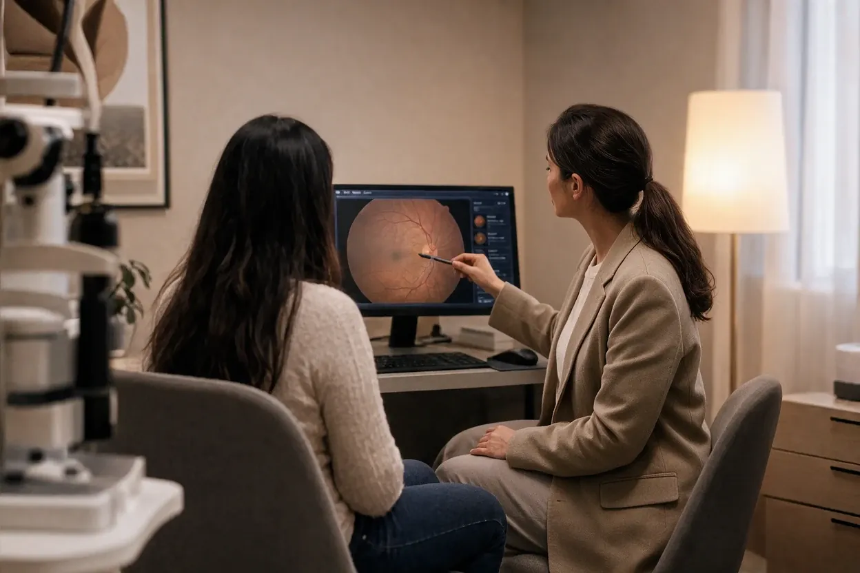 An optician pointing at the fundus image on the screen, the patient beside her